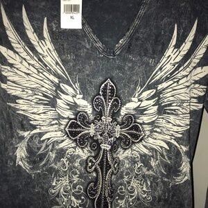 black long sleeve r-shirt with hood bedazzled wings and cross design